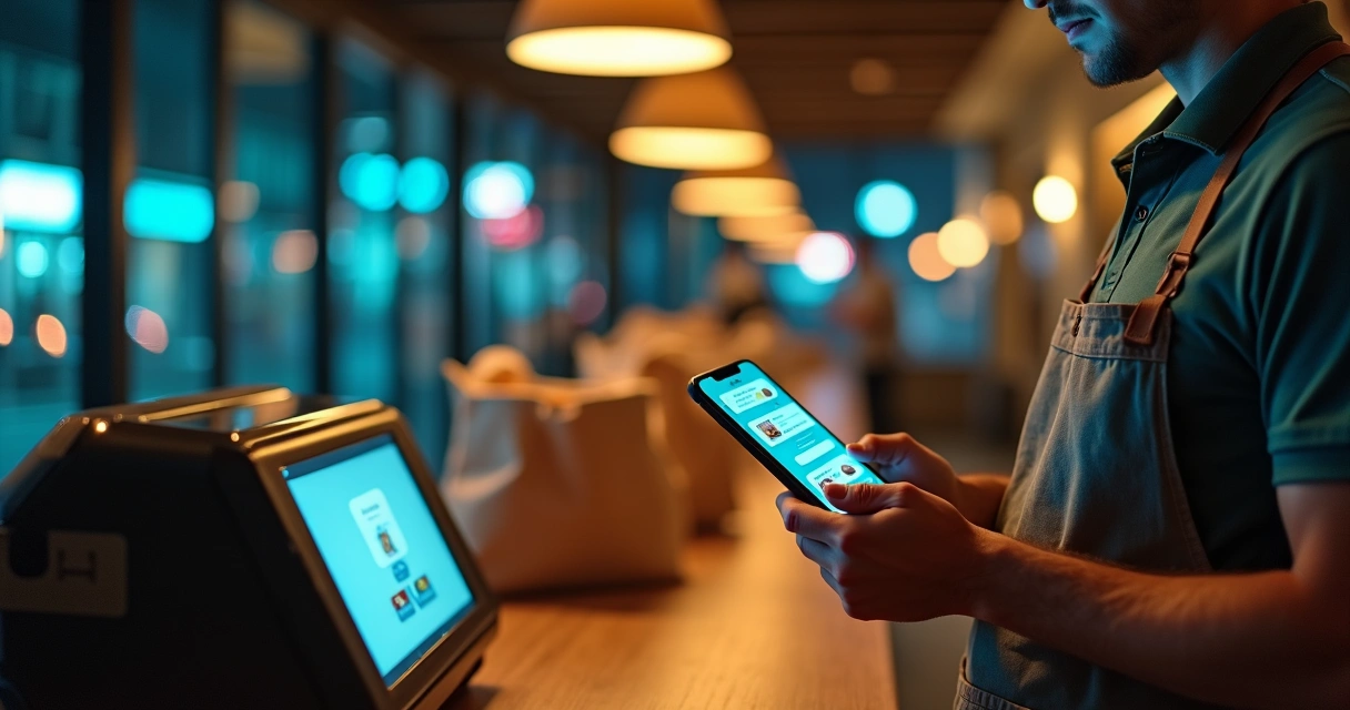 Atendente de delivery acompanhando chatbot em tela de smartphone com pedidos aparecendo 