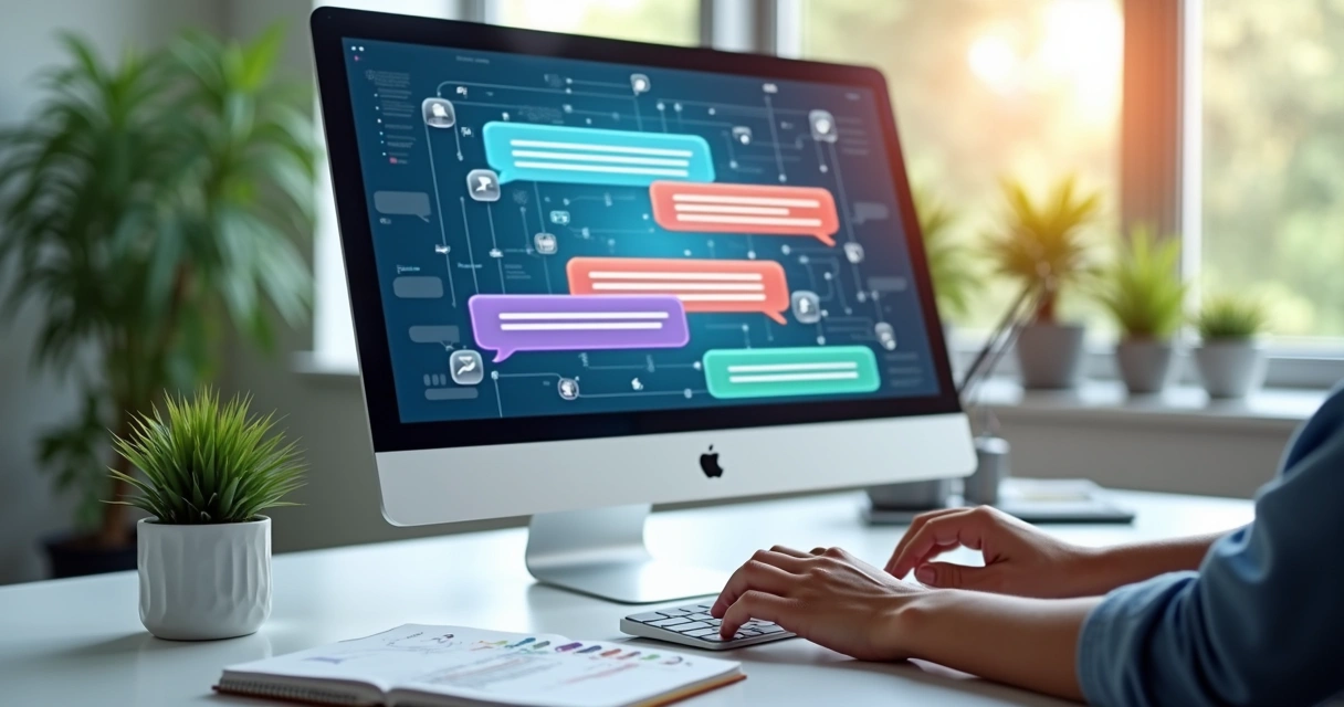 Interface de chatbot simples em tela de computador com códigos visuais e ícones de diálogo digitais 