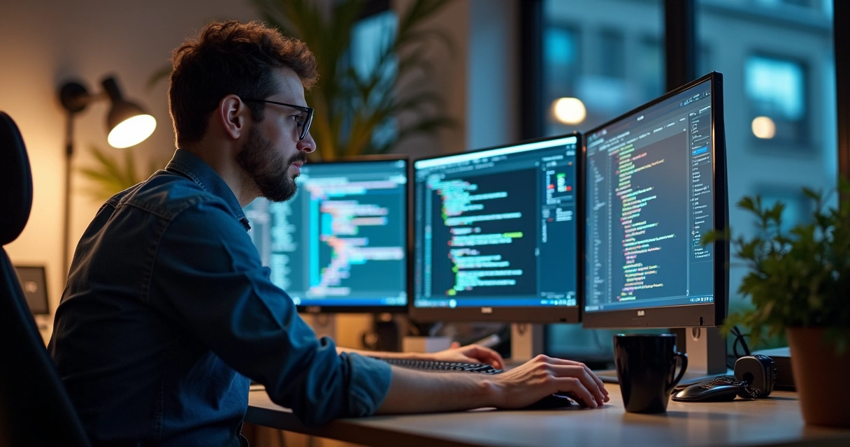 Chatbot developer at desktop with code on screens 