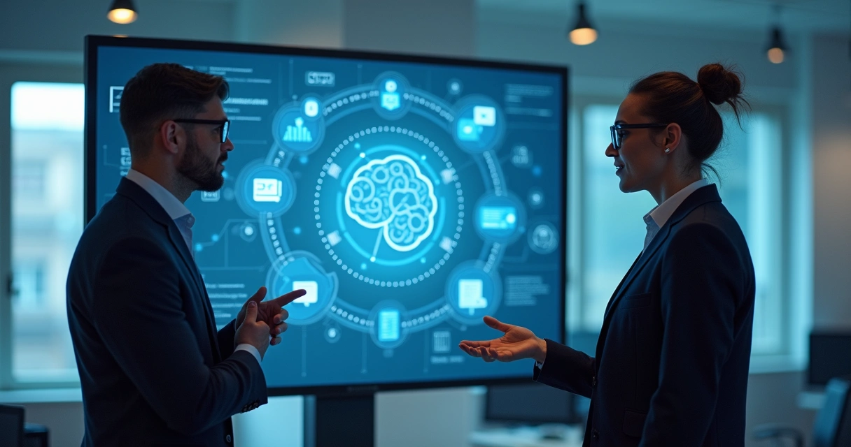 Dois profissionais em escritório usando chatbot em tela de computador 