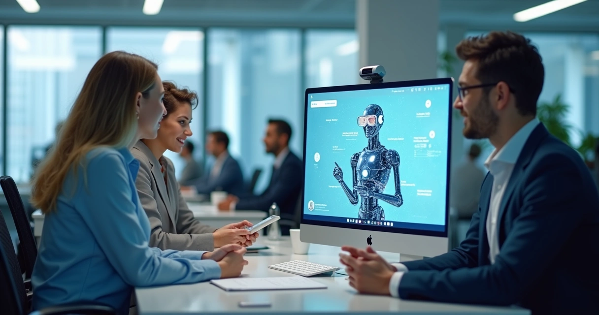 Chatbot inteligente atendendo cliente no computador, ambiente corporativo 