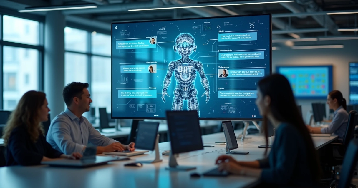 Assistente virtual interagindo com clientes em ambiente empresarial 