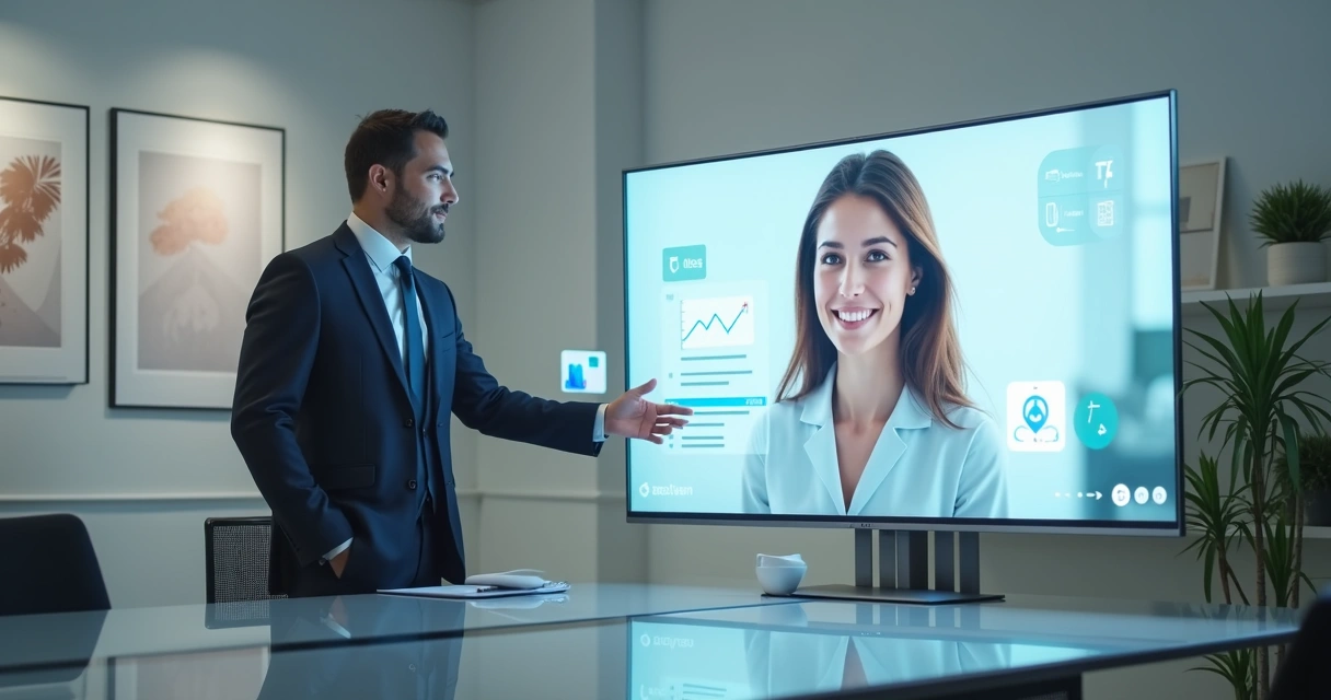 Executivo conversando com agente virtual em tela em ambiente corporativo 