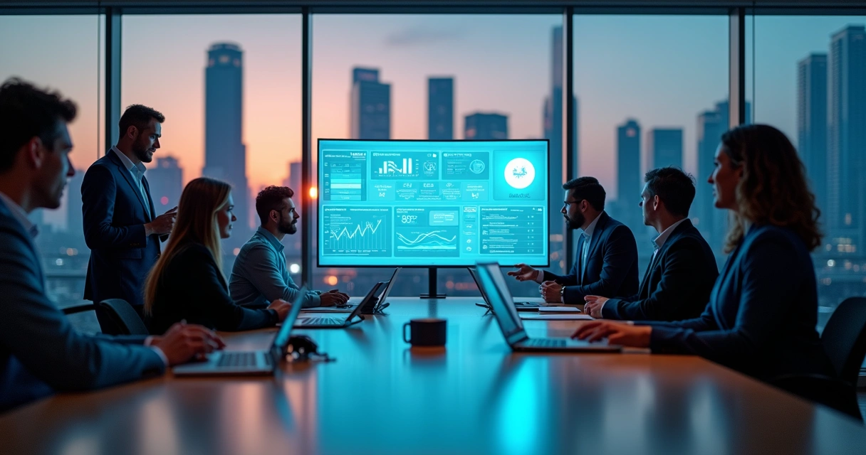 Equipe observando painel com chatbot empresarial em operação 