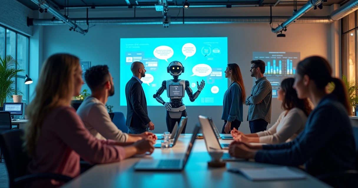 Equipe conversando com chatbot digital em escritório 