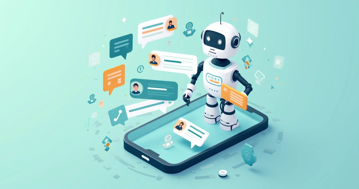 Chatbot flutuando sobre tela de celular com mensagens de usuários 