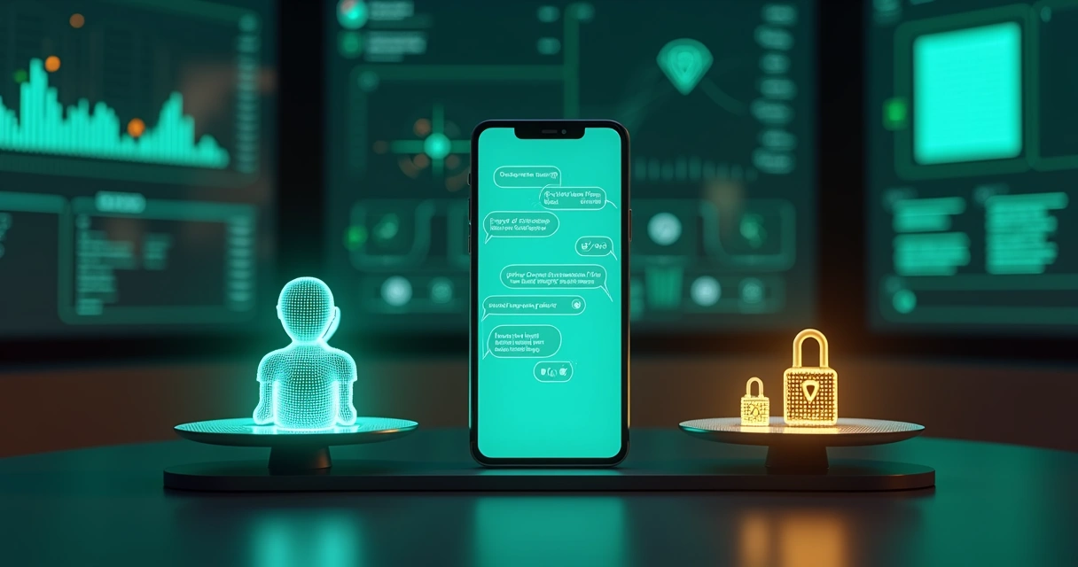 Balança digital entre chatbot automatizado e privacidade em tela de WhatsApp 