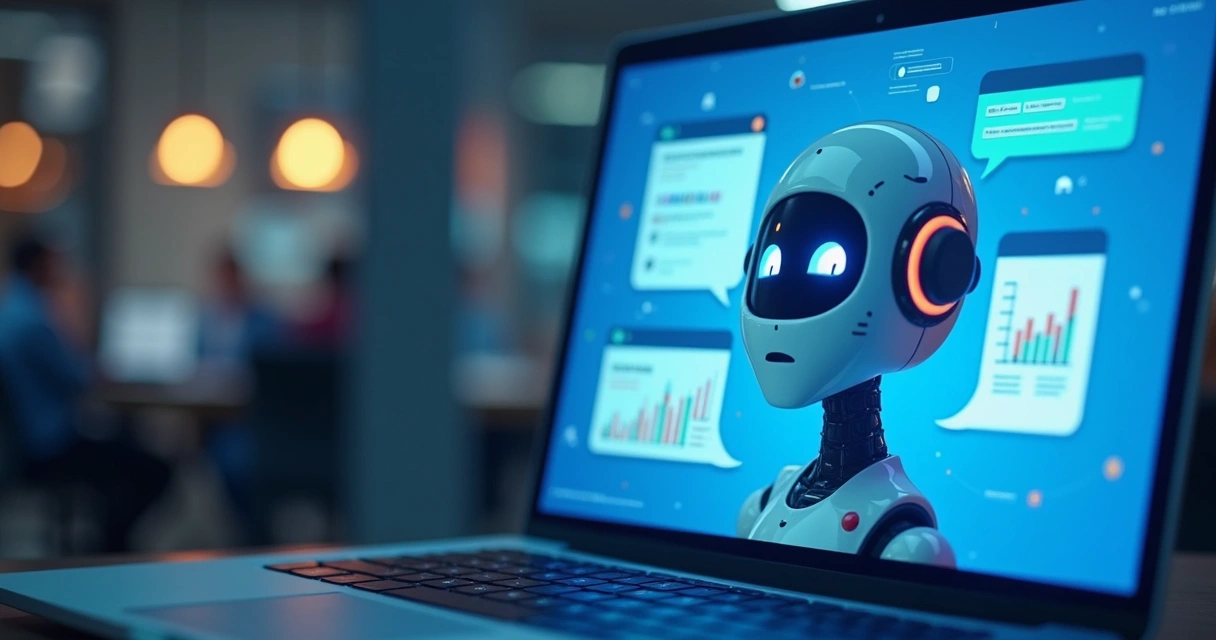 Ilustração de chatbot de ERP atendendo clientes em tela digital 