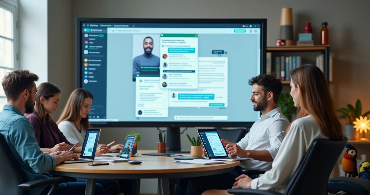 Interface de chatbot em um computador com clientes ao redor 