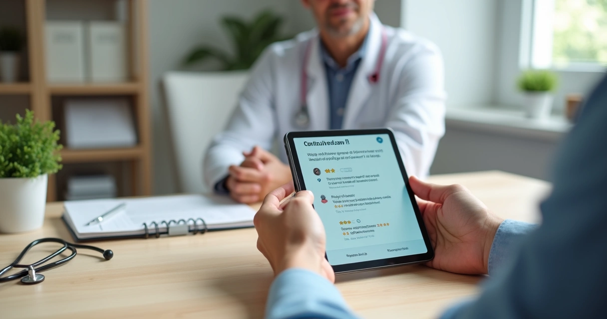 Paciente avaliando atendimento médico em tablet com chat de chatbot na tela 