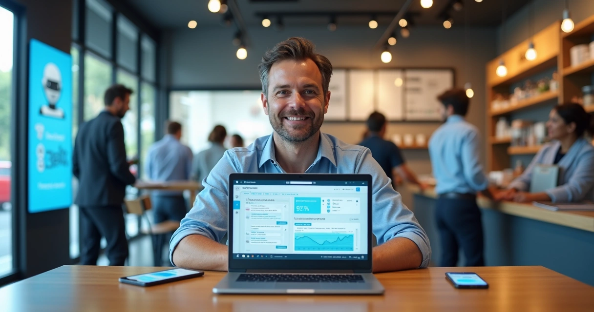 Franqueado usando painel de chatbot em loja de franquia moderna 