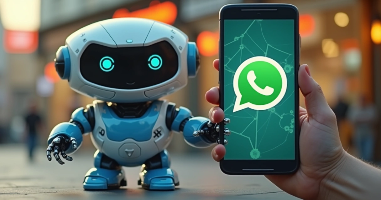 Chatbot representado como robô cumprimentando cliente via WhatsApp 