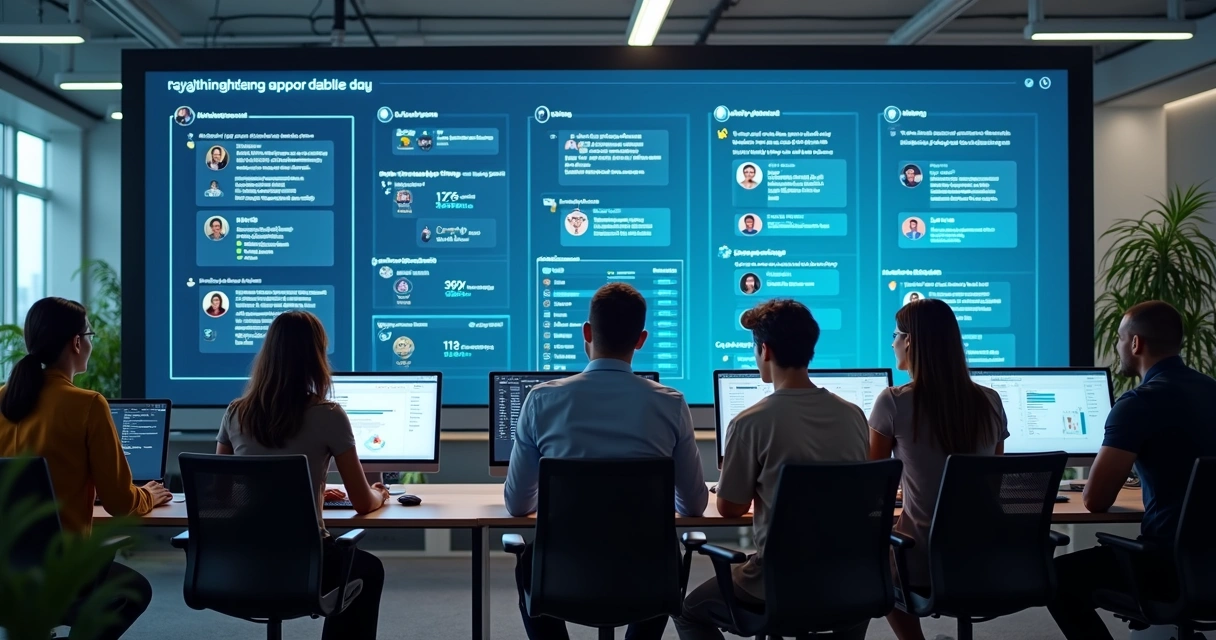 Equipe de TI monitorando atendimento com chatbot automatizado em painel digital 