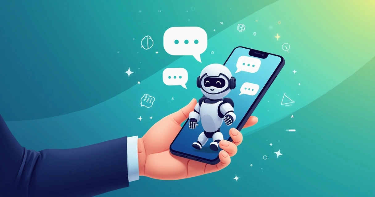 Chatbot com aparência amigável em tela de smartphone