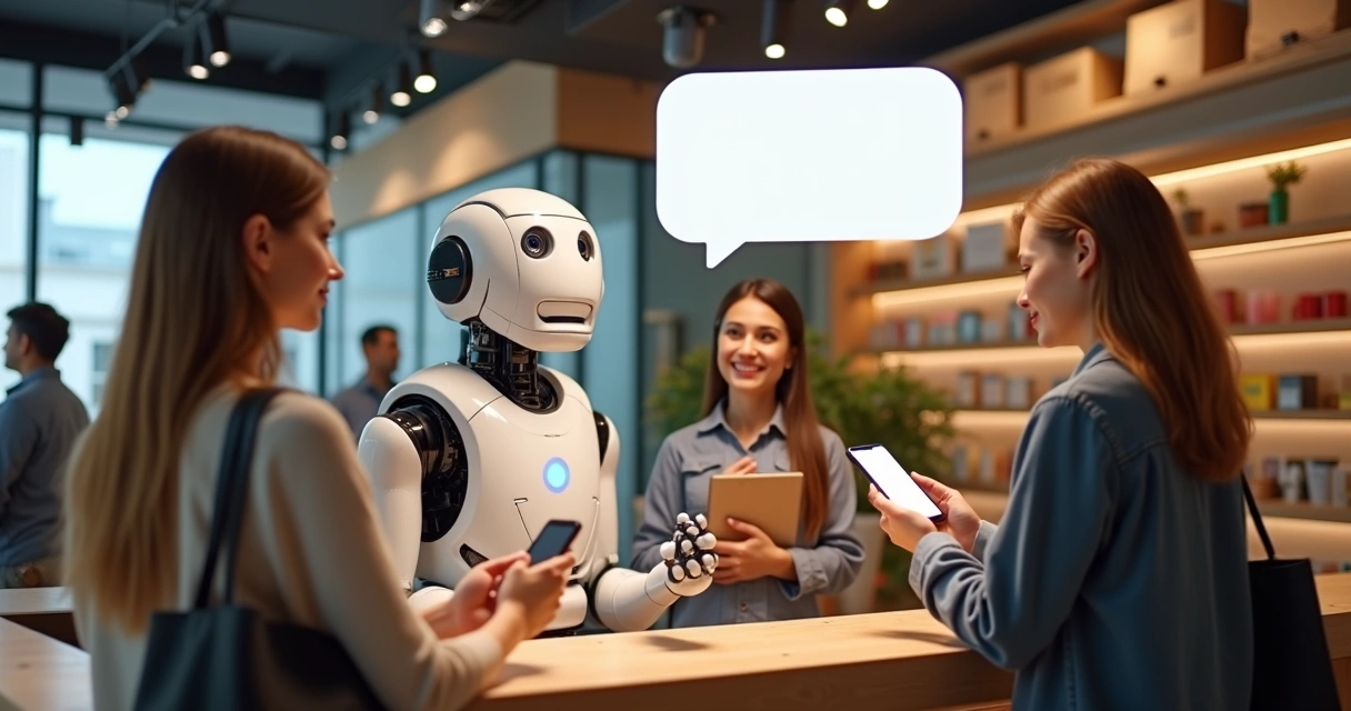 Balcão de loja com chatbot atendendo clientes 