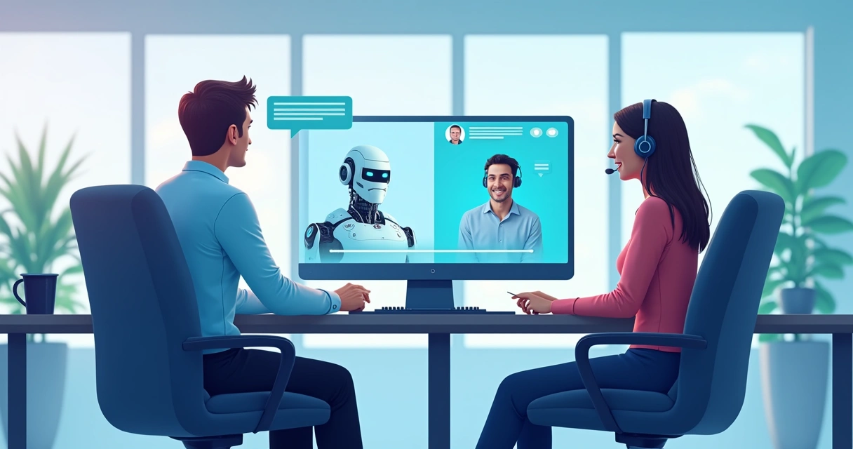 Chatbot digital conversando com atendente humano em um cenário empresarial 