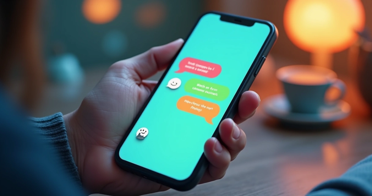 Chatbot digital conversando com humano no WhatsApp, ambos sorrindo na tela