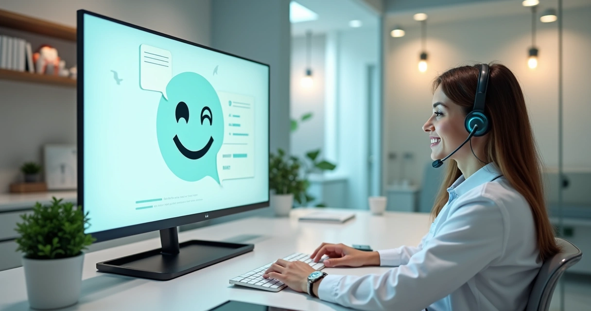 Recepcionista de clínica odontológica ao lado de tela com chatbot simpático 