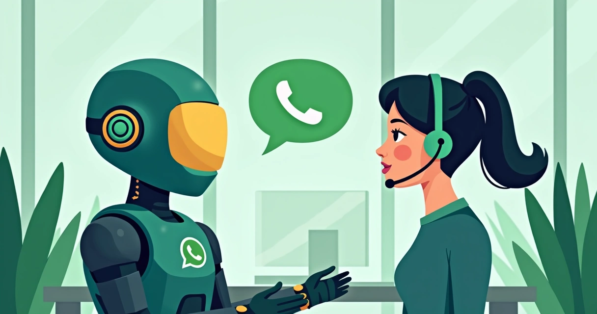 Chatbot e atendente humano juntos em atendimento via WhatsApp, representados lado a lado em ambiente de escritório digital.