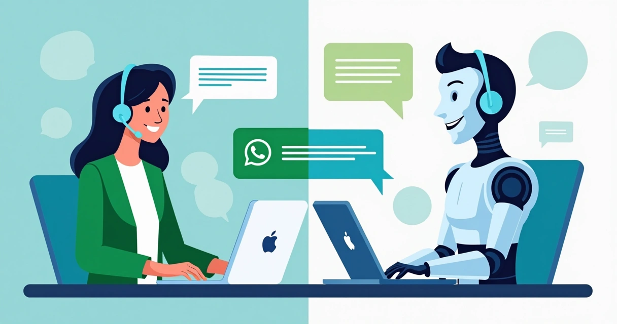 Atendente humano e chatbot interagindo juntos no WhatsApp