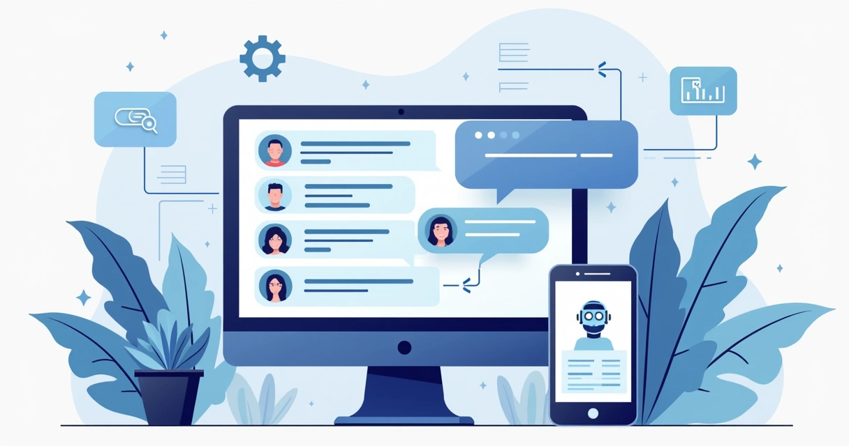 Ilustração corporativa plana de um chatbot com IA atendendo clientes via computador e smartphone 