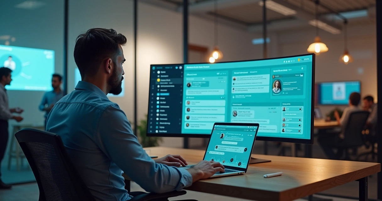 Empresário usando painel de chatbot IA no computador para atendimento ao cliente 