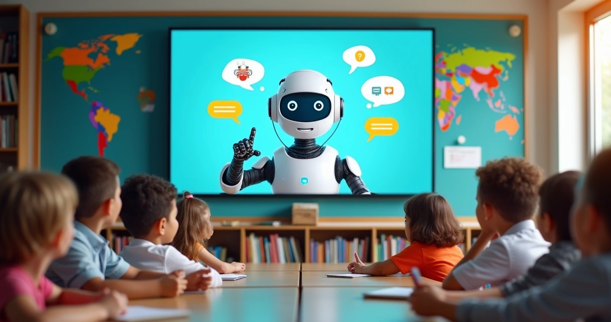 Chatbot interagindo em sala de aula digital com estudantes 