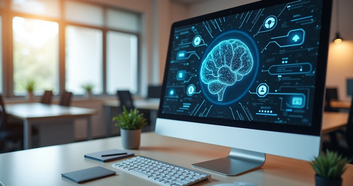 Computador em mesa de escritório com interface de chatbot em tela, elementos digitais de inteligência artificial flutuando ao redor 