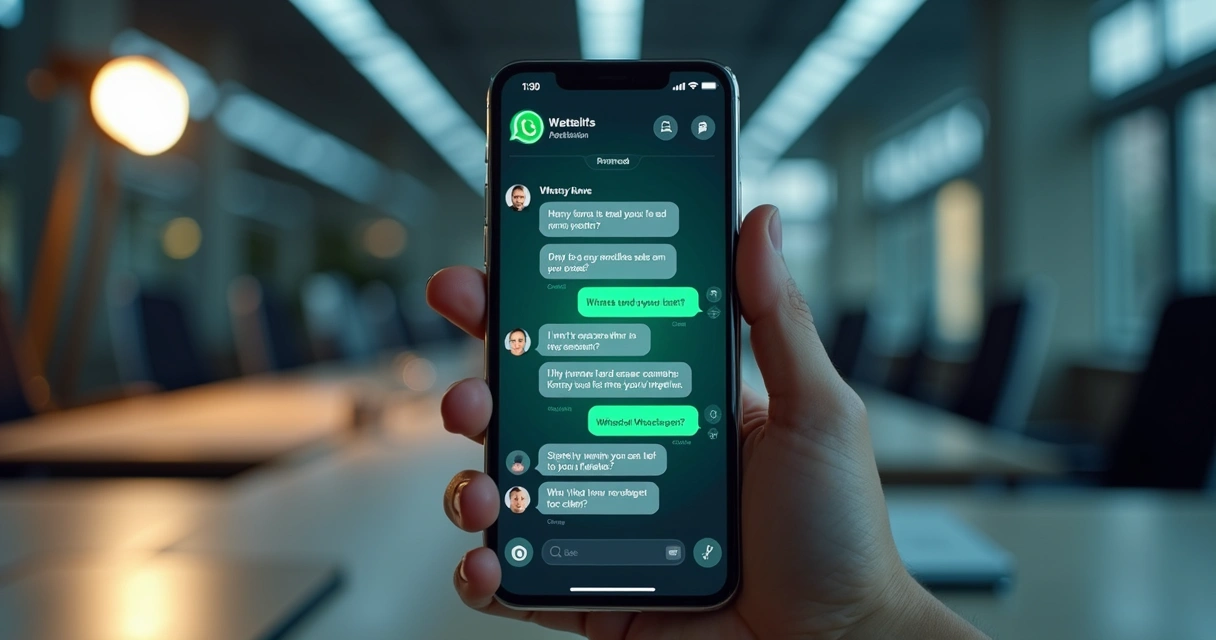 Ilustração de chatbot IA atendendo cliente pelo WhatsApp em interface empresarial