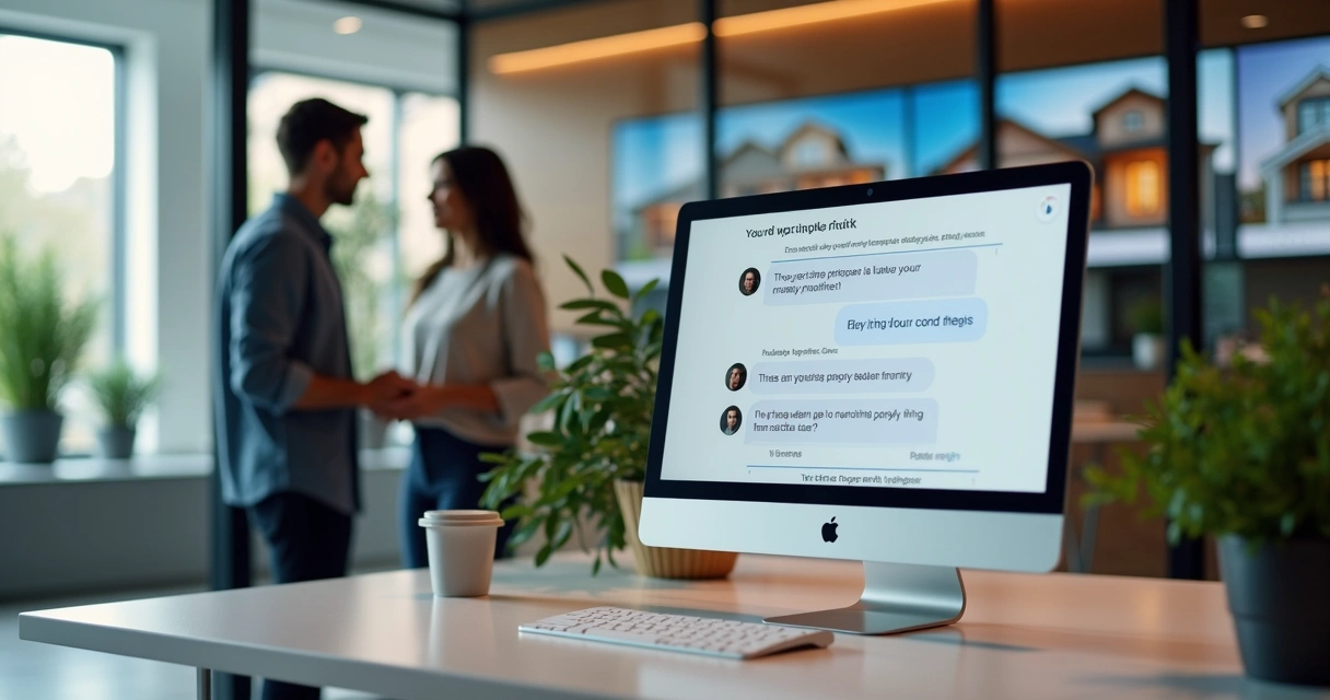 Chatbot imobiliário interagindo em tela de computador com clientes agendando visita virtual 