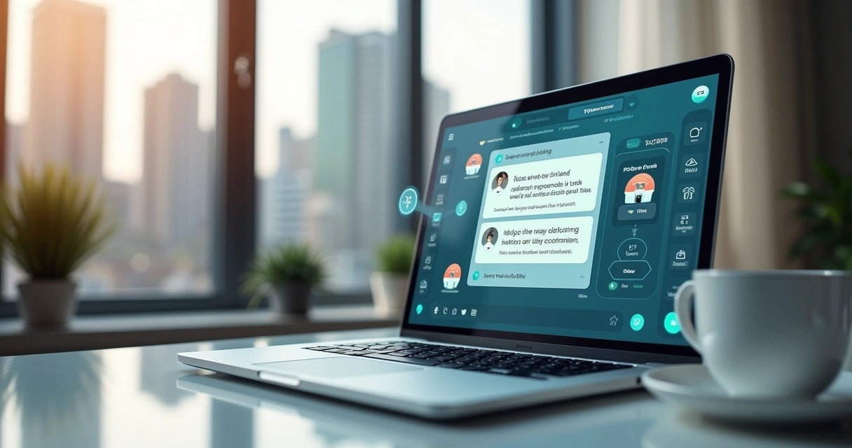 Chatbot de atendimento imobiliário em laptop 