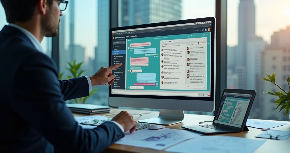 Chatbot imobiliário responde dúvidas no desktop de um corretor. 