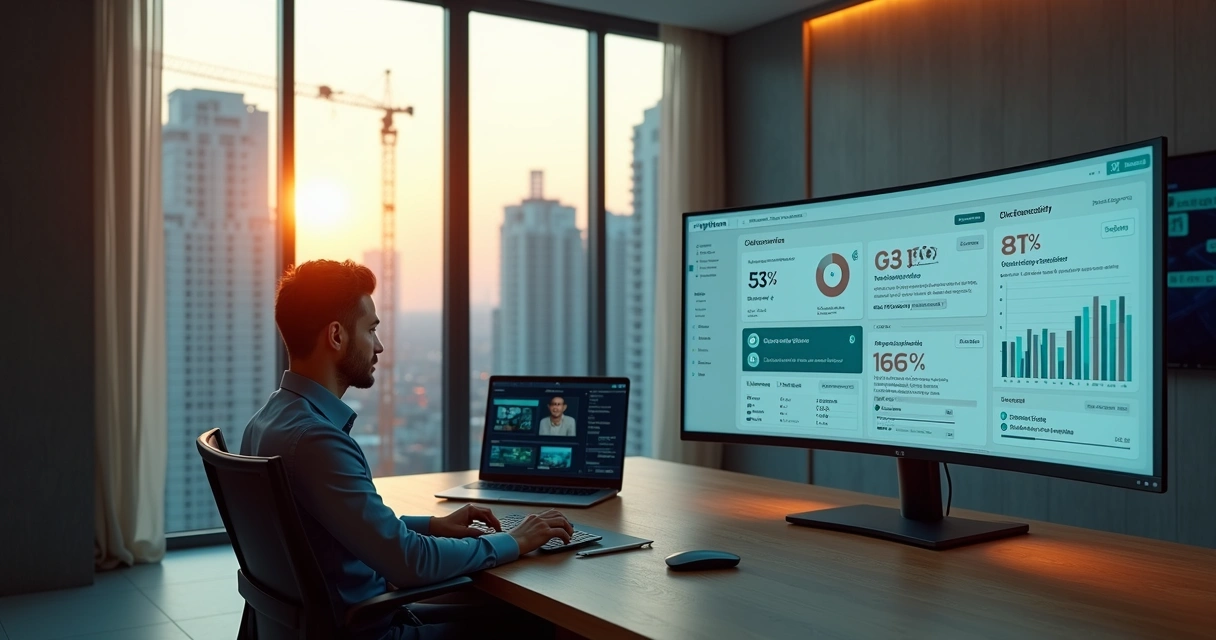 Corretor acompanhando painel com chatbot atendendo leads de lançamentos imobiliários 