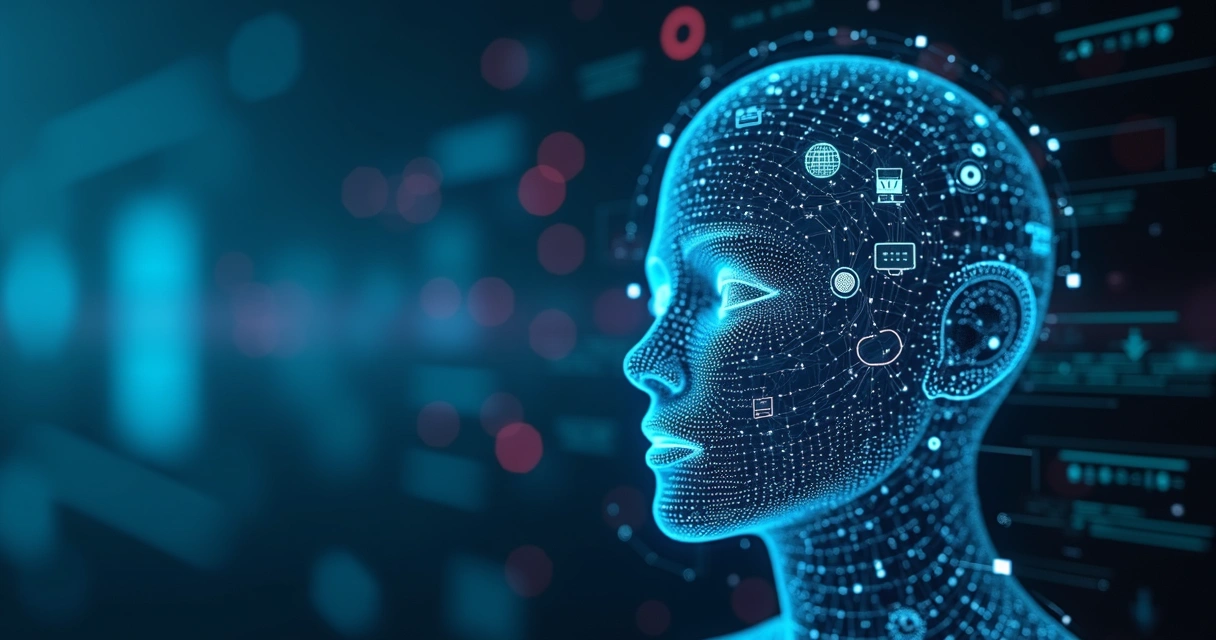 Interface digital mostrando um chatbot inteligente integrado a múltiplos sistemas, com gráficos e ícones de automação e comunicação em tela transparente azulada 