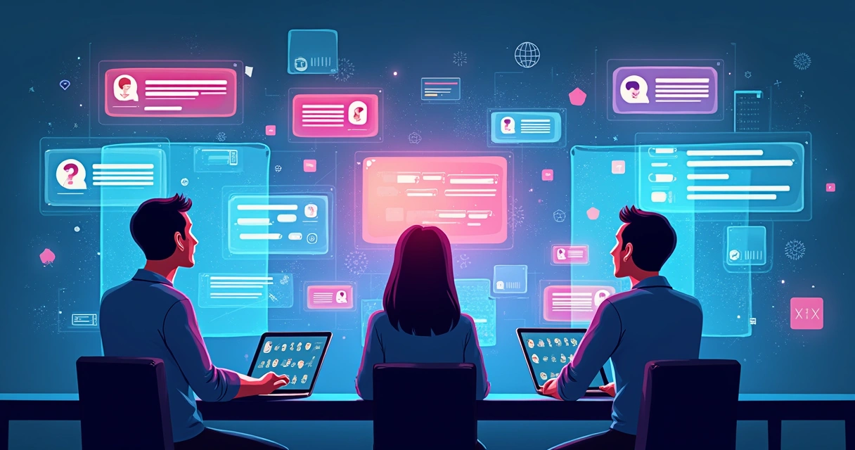 Representação de IA conversando com pessoas em vários canais de chat em telas digitais 