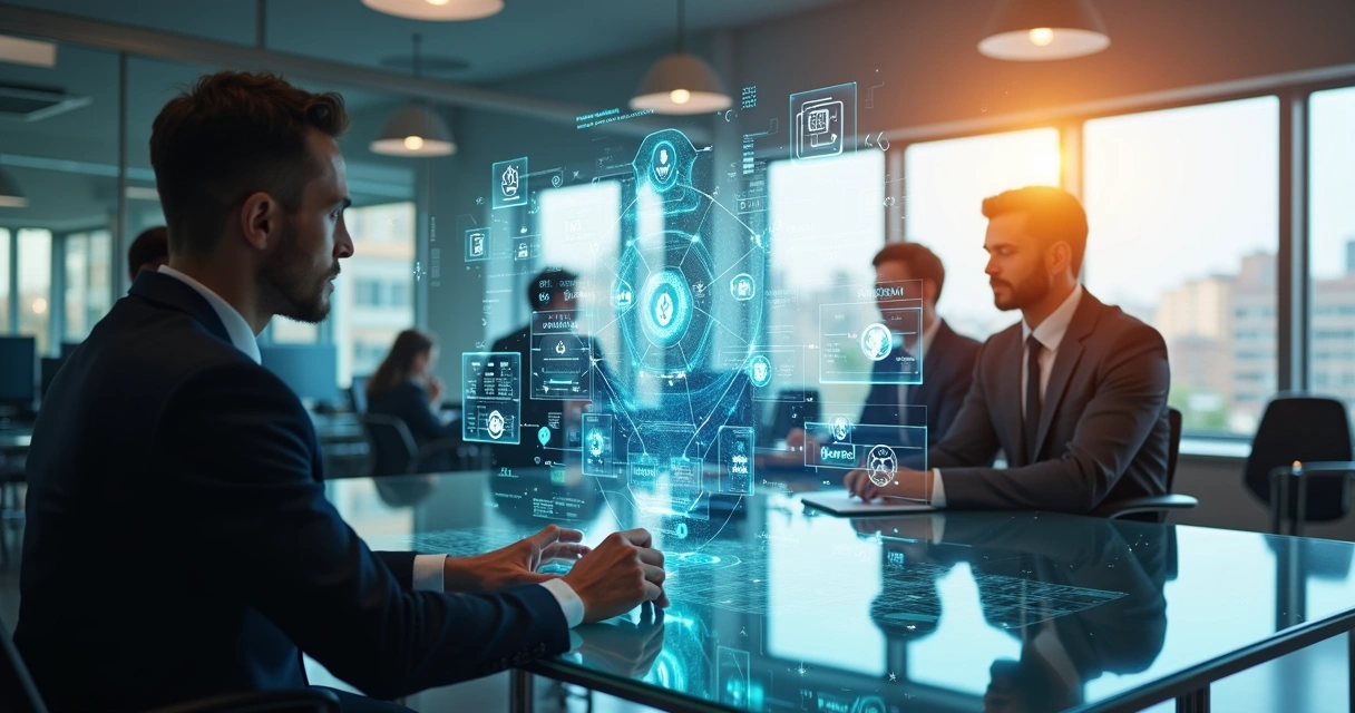 Chatbot interagindo com profissionais em ambiente corporativo moderno, telas digitais com gráficos e integração multicanal ao fundo 