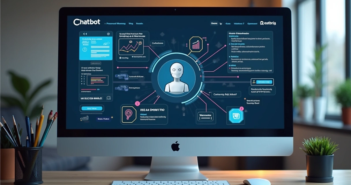Tela de computador mostrando chatbot conectado a vários sistemas via gráficos e linhas coloridas 