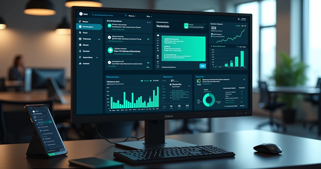Tela de computador mostrando interface de chatbot integrado com WhatsApp, Instagram e CRM, com gráficos de automação e atendimento ao cliente 