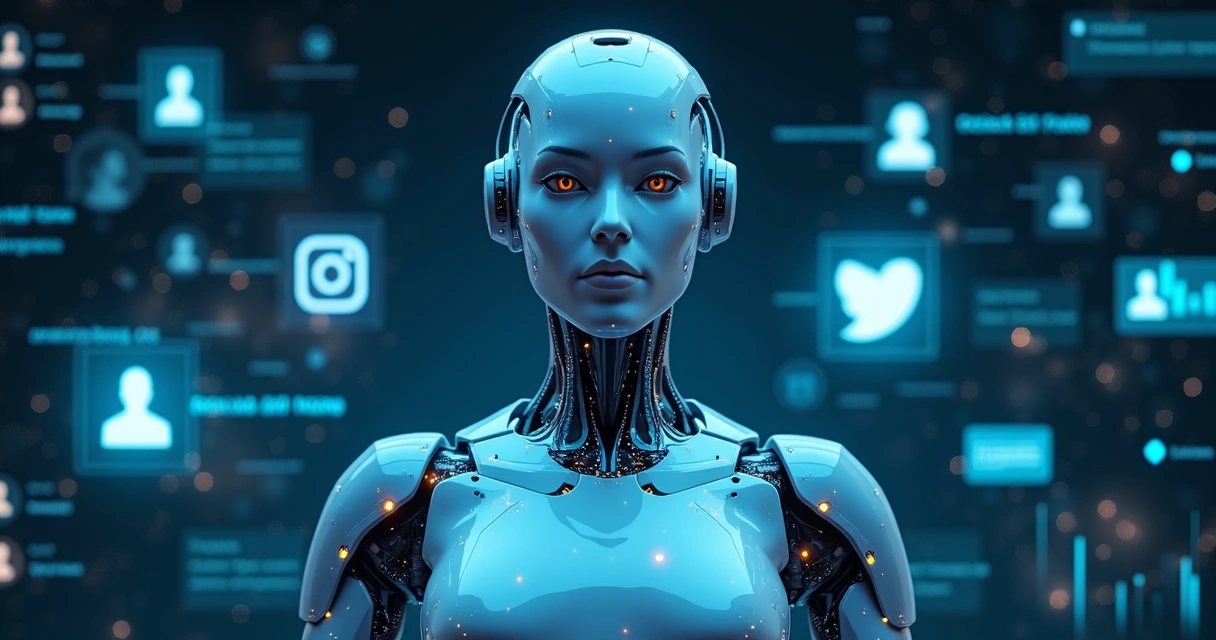 Ilustração de um chatbot digital moderno interagindo com clientes em redes sociais diferentes