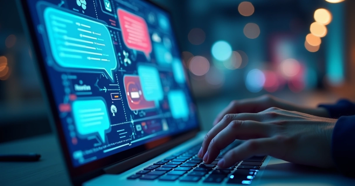 Ilustração de chatbot inteligente em tela digital, interface moderna e ícones de conversa