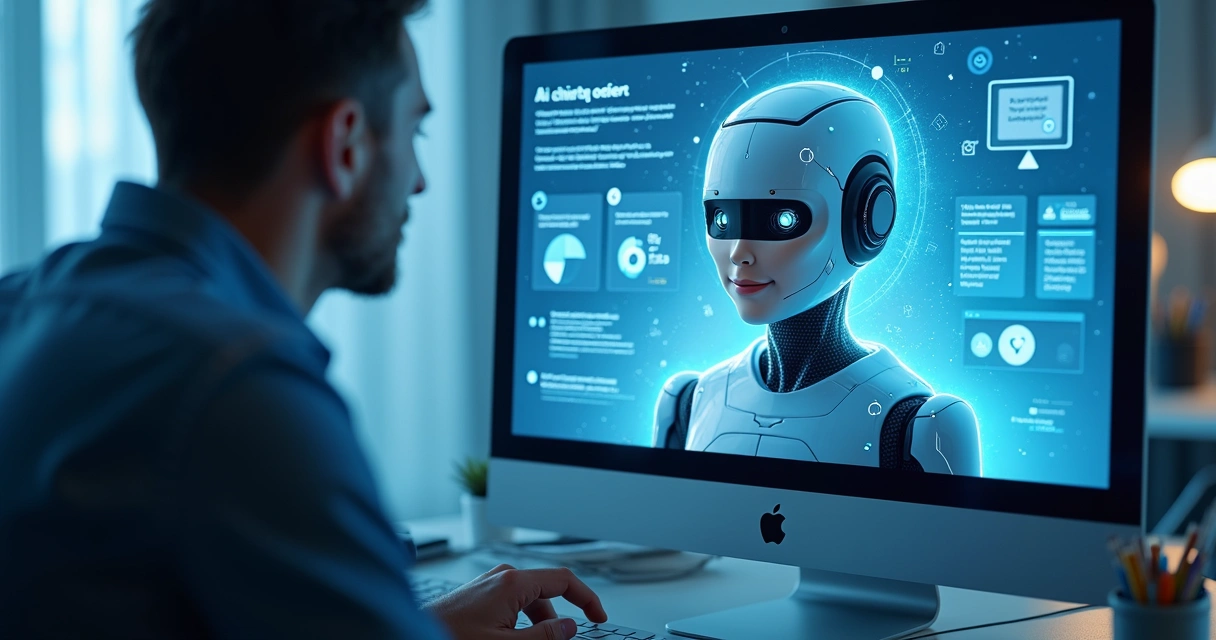 Chatbot de IA interagindo com cliente em tela digital 