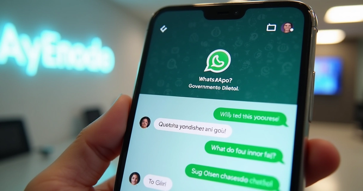Interface de chatbot no WhatsApp atendendo cidadão em ambiente de governo. 