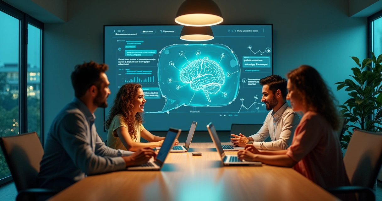 Equipe em mesa de reunião interagindo com painel de chatbot inteligente holográfico 