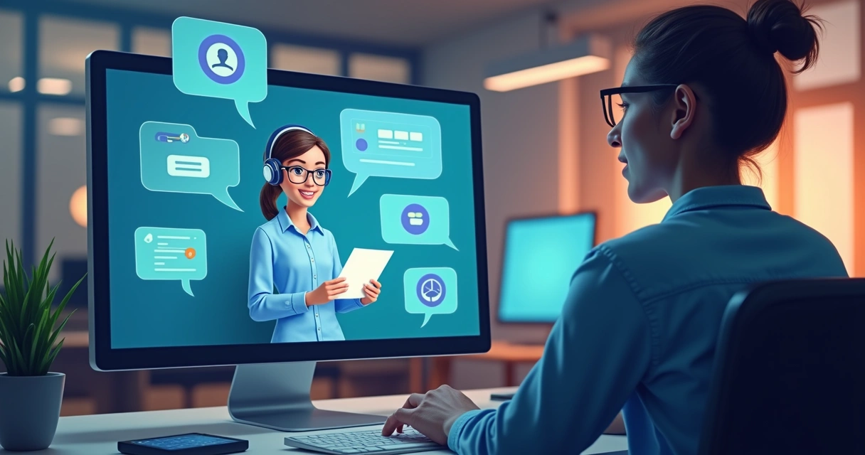 Chatbot digital interagindo com cliente em tela de computador 