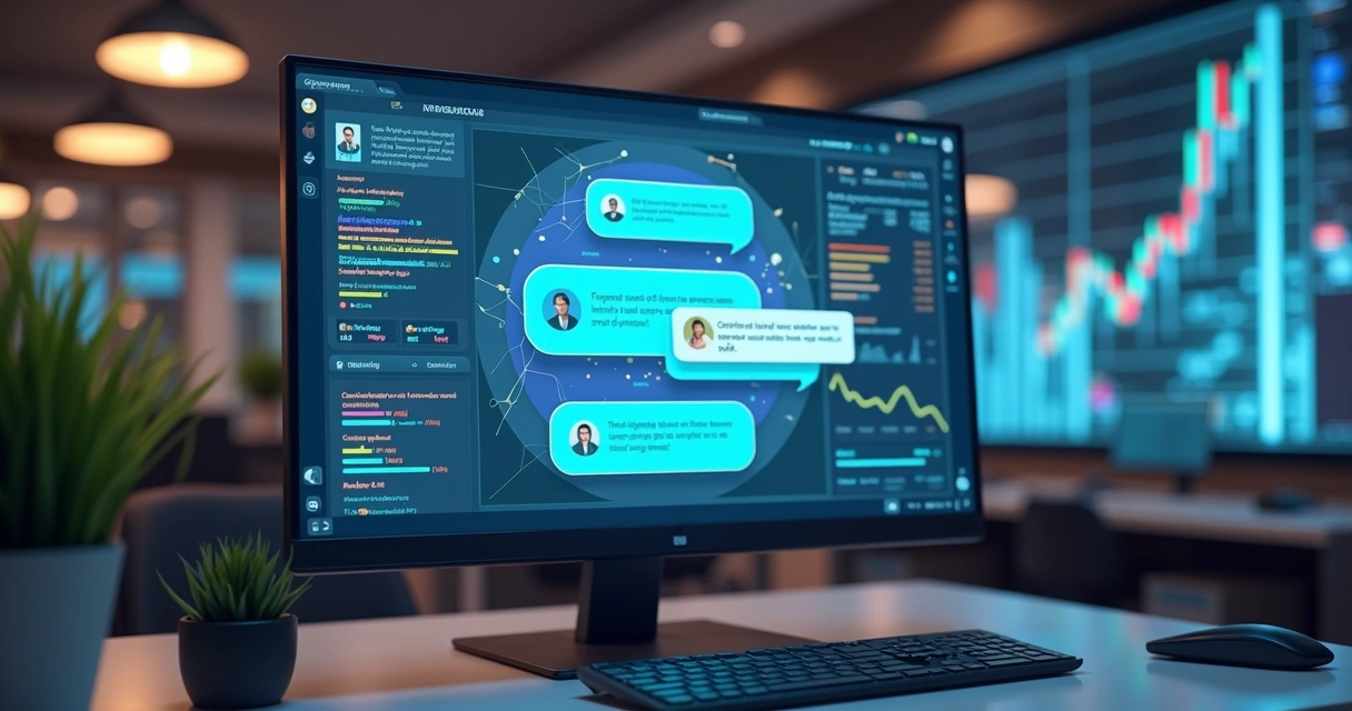 Interface de chatbot conversando com usuário em tela de computador, com gráficos de vendas e notificação de lead qualificado 