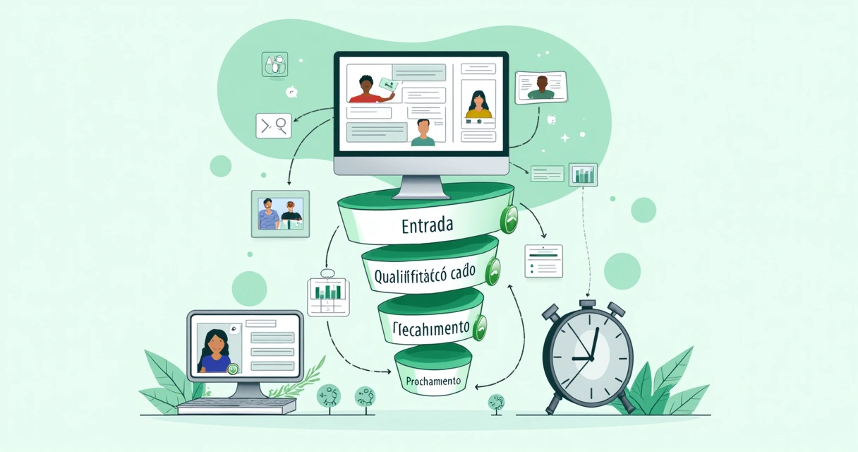 Fluxo visual de chatbot com etapas em um funil de vendas, setas, ícones de chat e computador ao fundo