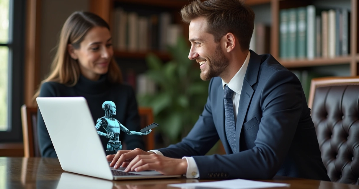 Chatbot jurídico em tela de notebook, advogado sorri para o cliente ao lado. 