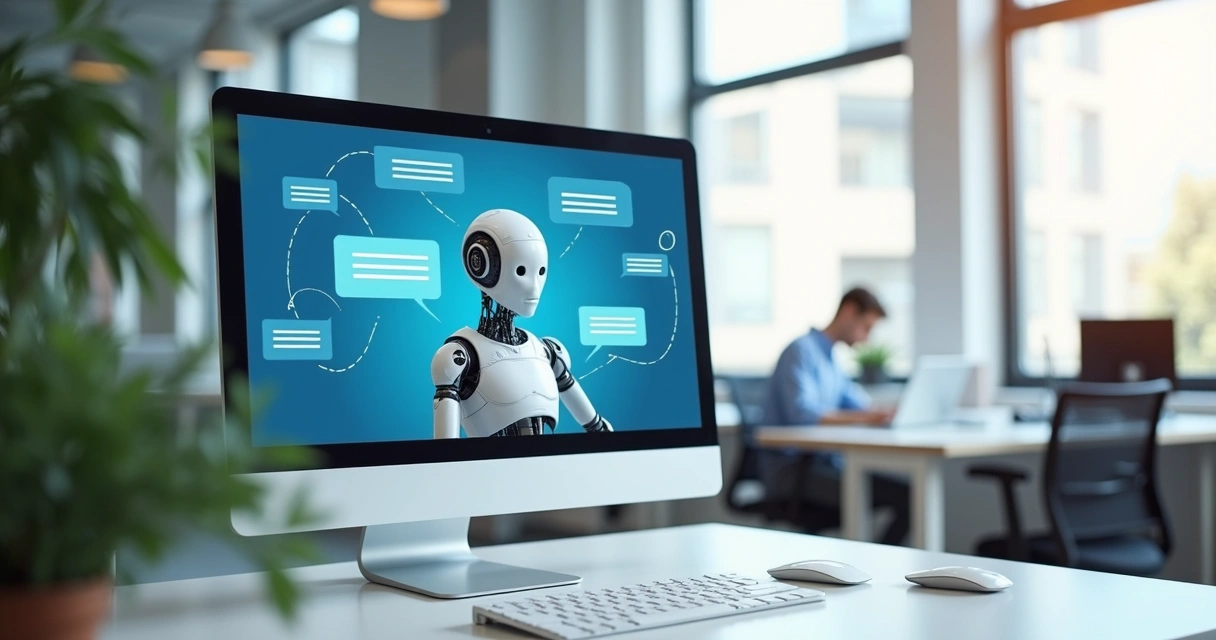 Chatbot em monitor em mesa de escritório 