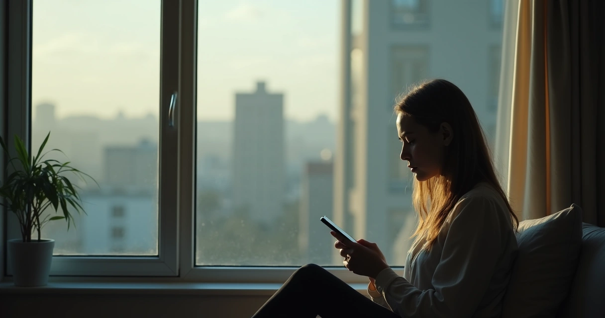 Mulher refletida em janela falando com chatbot no celular, expressão solitária 