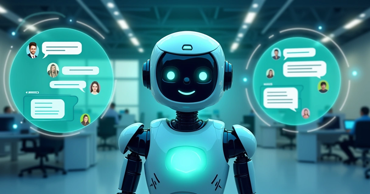 Atendente virtual interagindo em diferentes telas, representando WhatsApp, Messenger e chat do site 